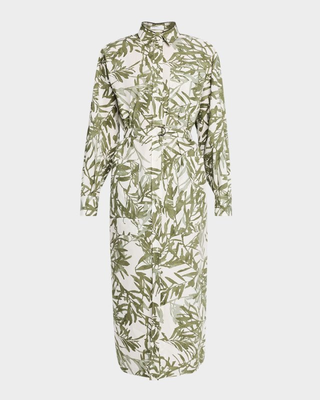 Herbarium-Print Belted Cotton Popeline Midi Shirtdress